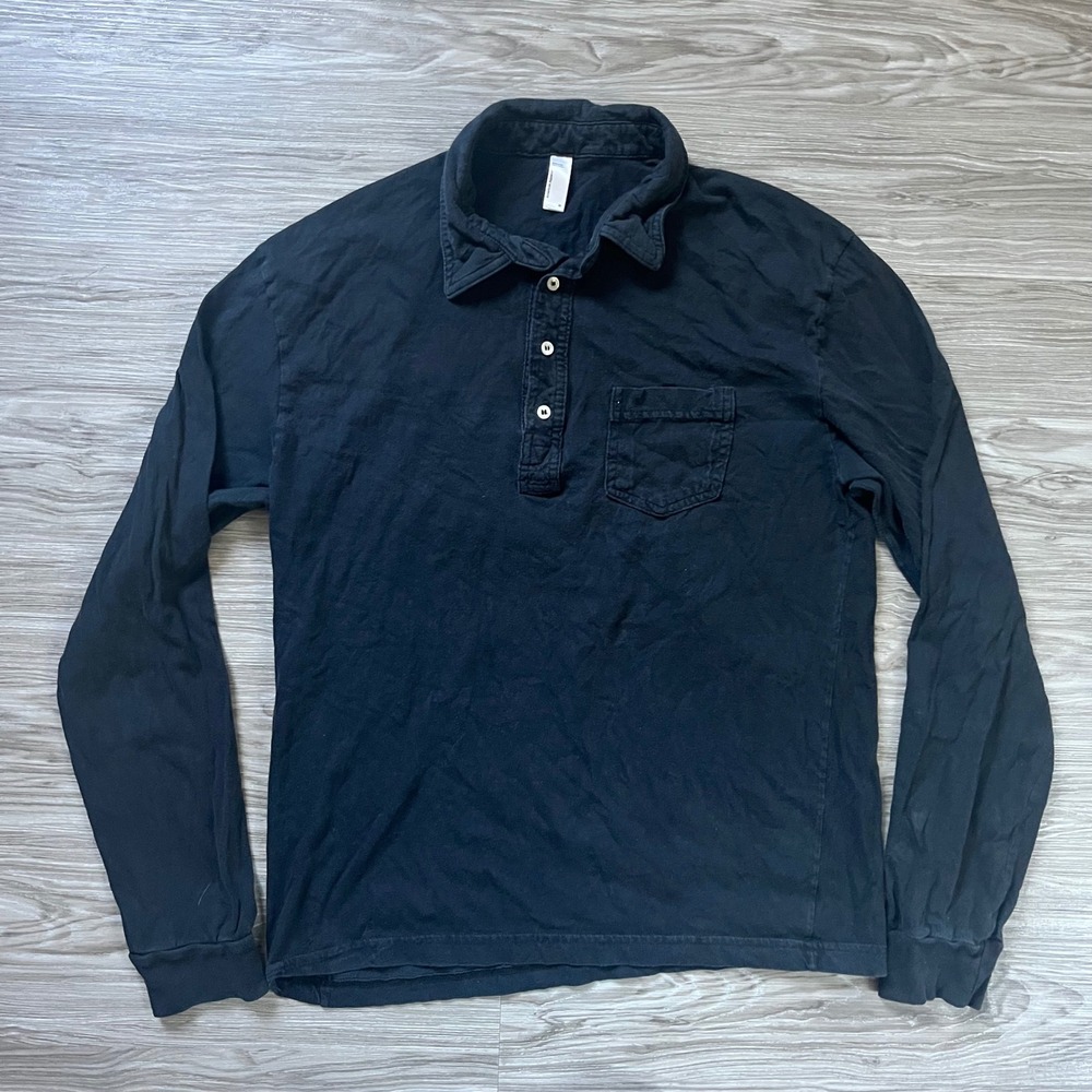 American Apparel Mens Black Long Sleeve Cotton Polo Shirt Size M Made in USA